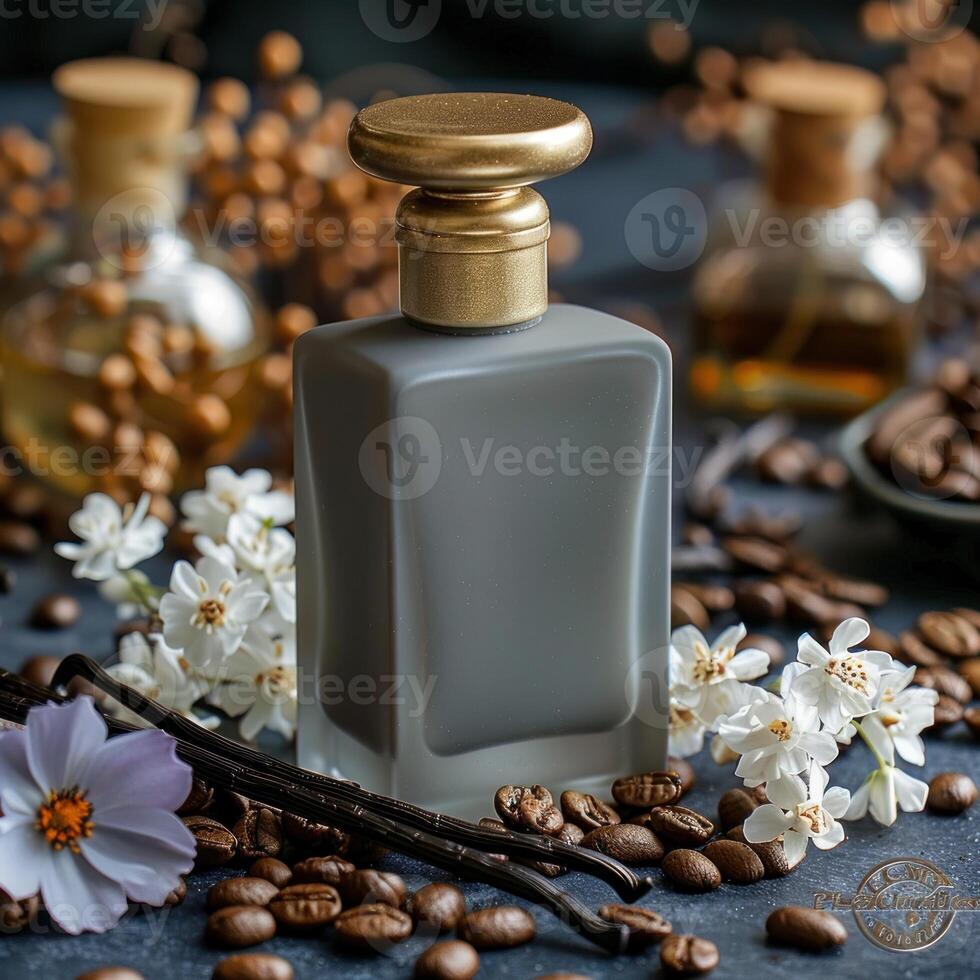 Perfume bottle on dark background with coffee beans, vanilla beans, and white blossoms photo