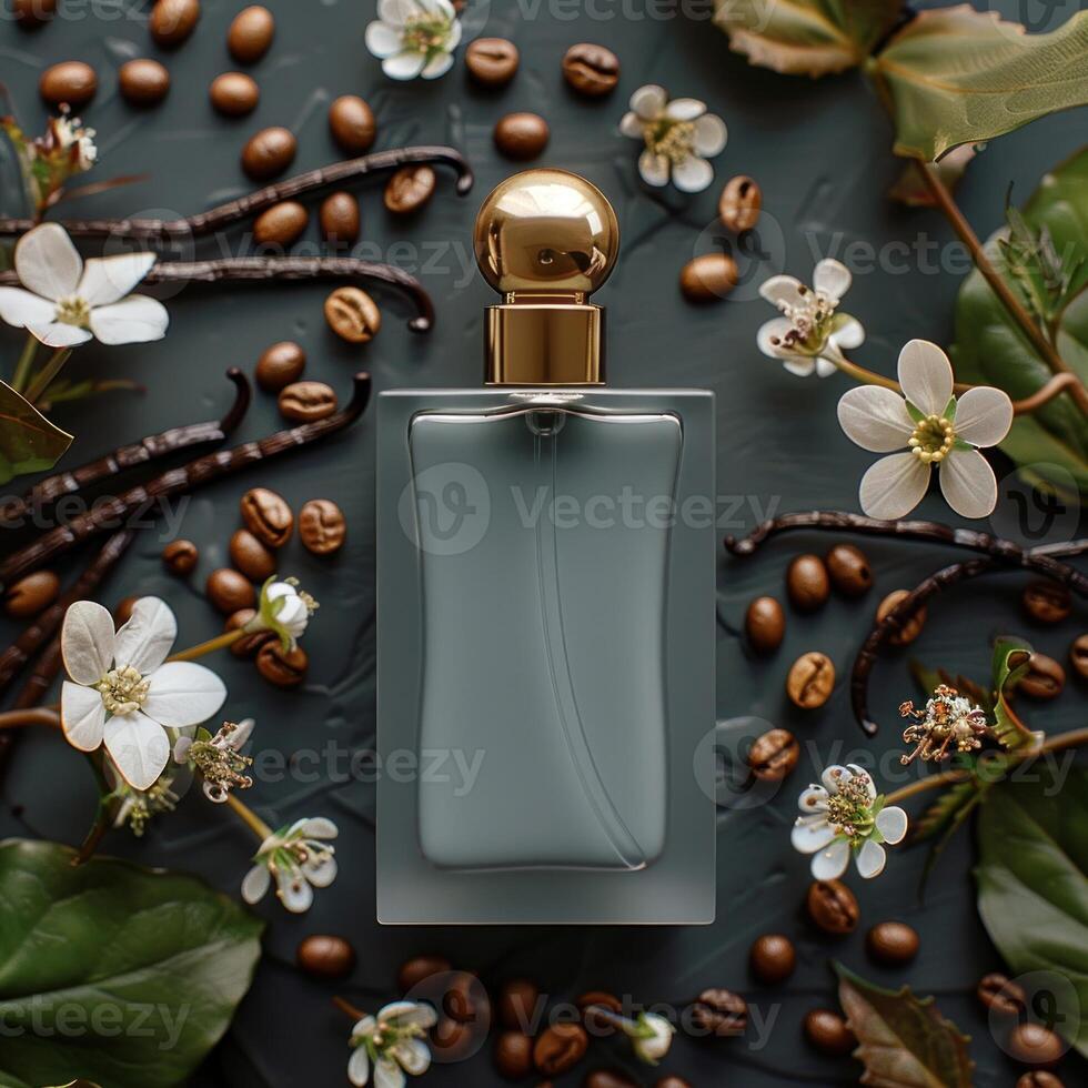 Perfume bottle surrounded by vanilla beans, coffee beans, and delicate blossoms photo