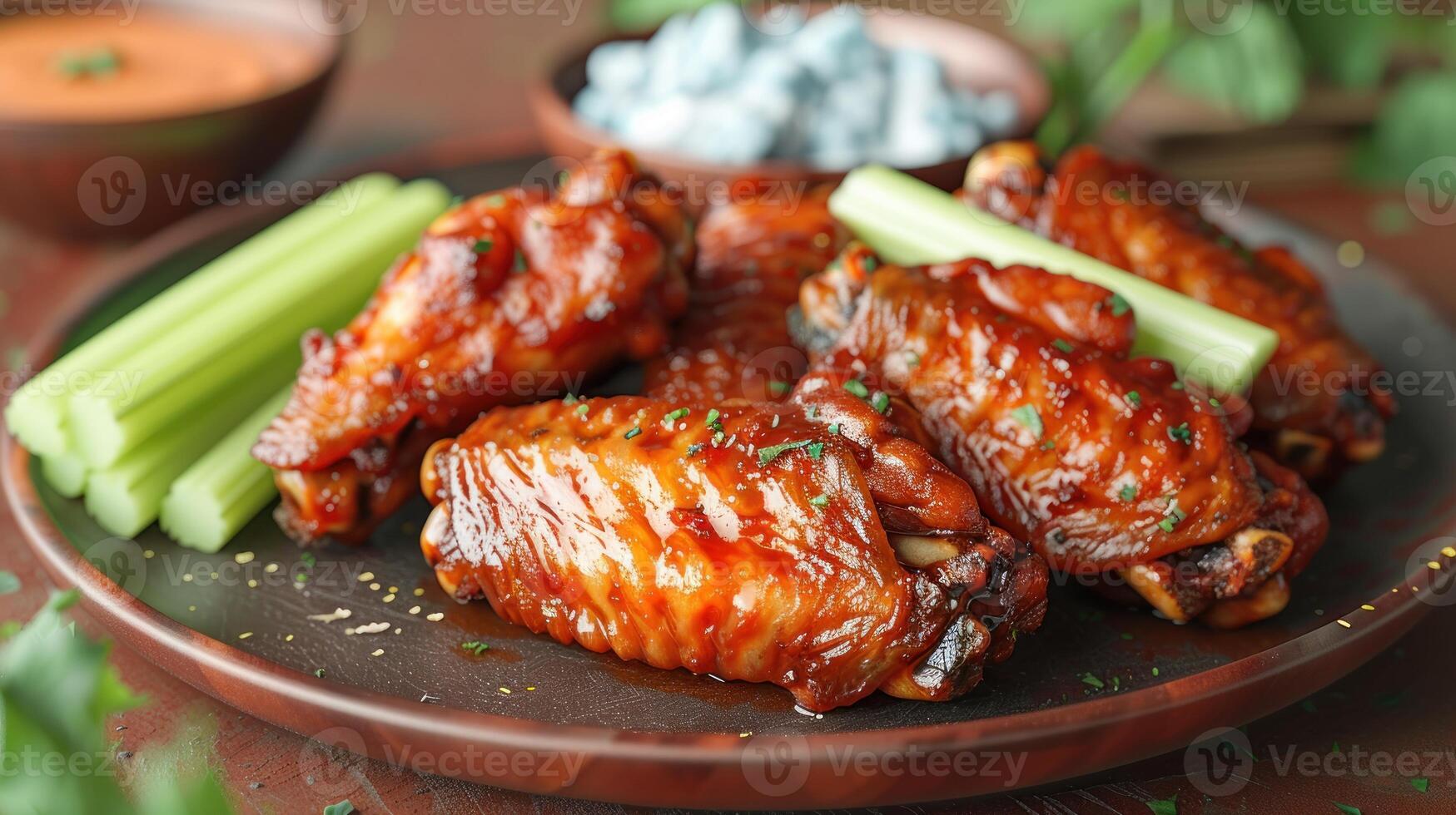Closeup of chicken wings with celery sticks and sauce photo
