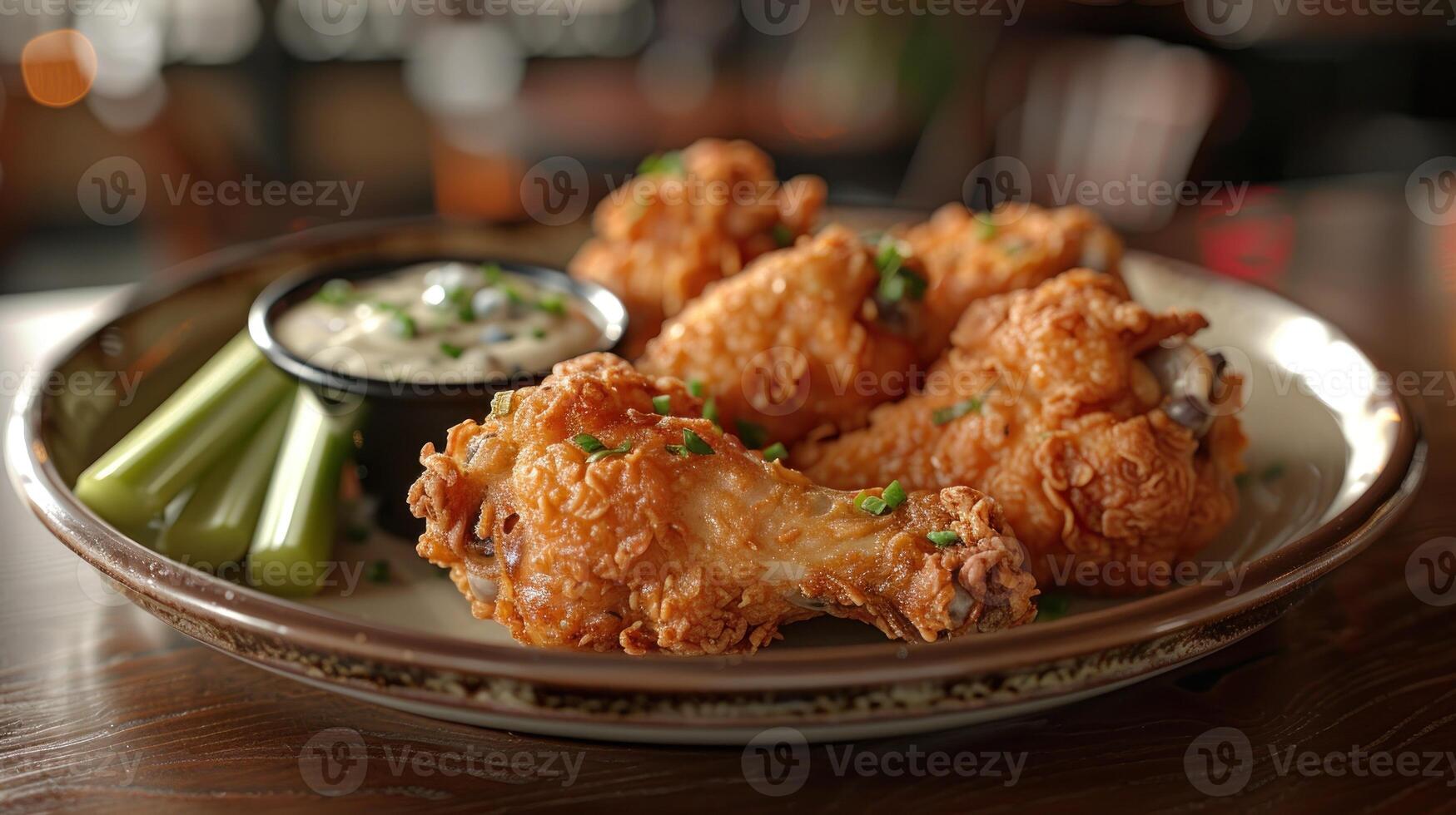 Close-up of fried chicken wings with dipping sauce and celery photo