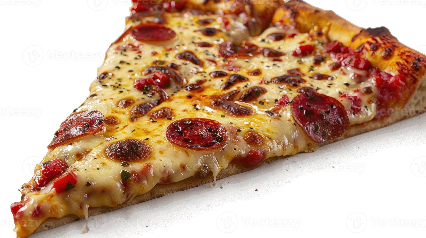 A close-up of a single slice of pizza with pepperoni and red peppers photo