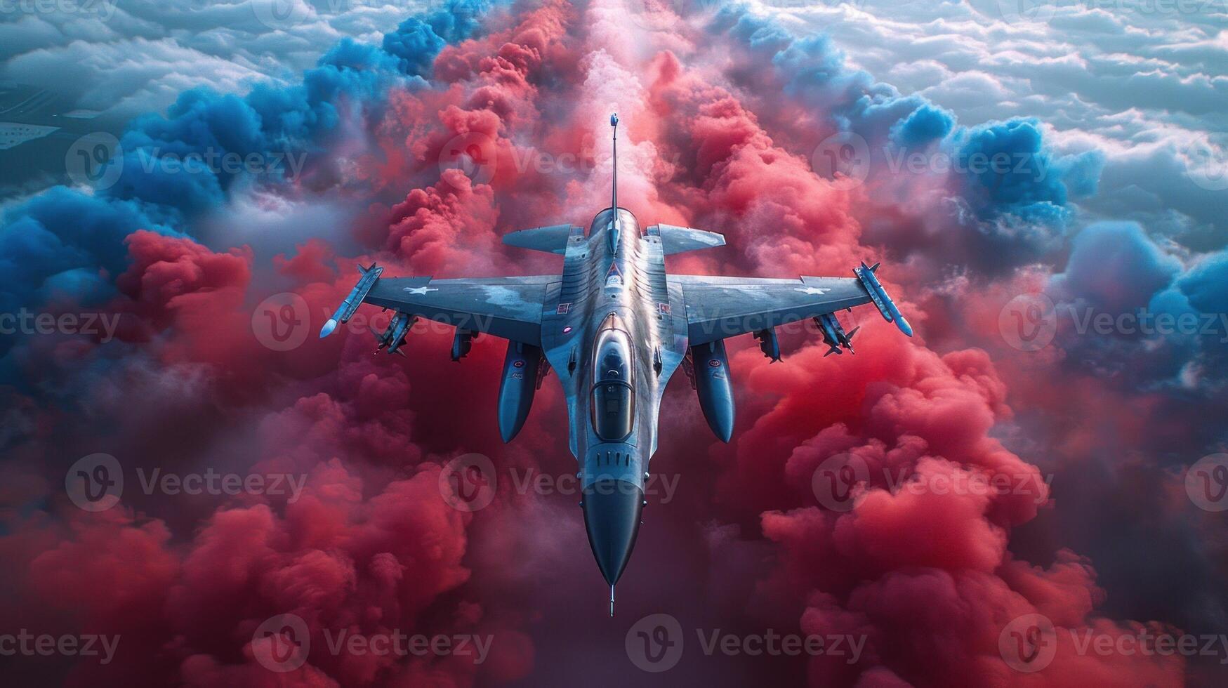 A fighter jet flies through vibrant red and blue clouds photo