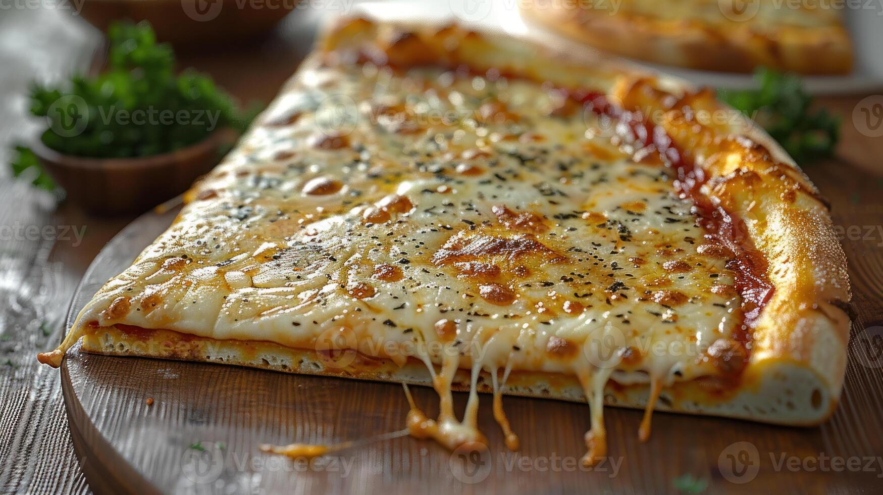 A close-up of a cheesy pizza slice on a wooden board photo