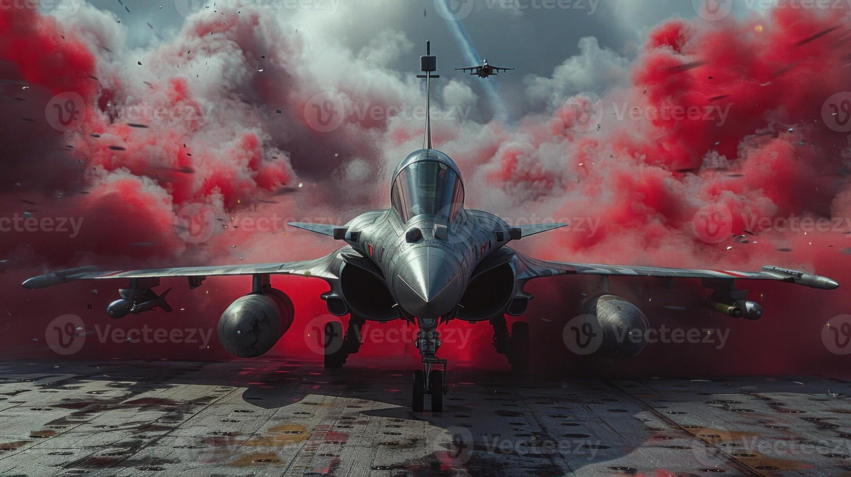 A French fighter jet sits on the runway, emerging from a cloud of red smoke photo