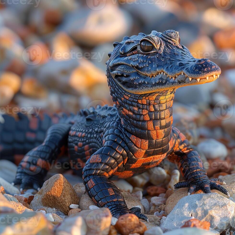 A close-up of a small alligator basking in the warm sunlight on a rocky beach photo