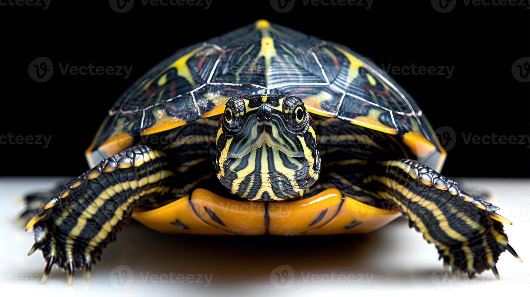 A close-up view of a painted turtle with its head and limbs extended photo