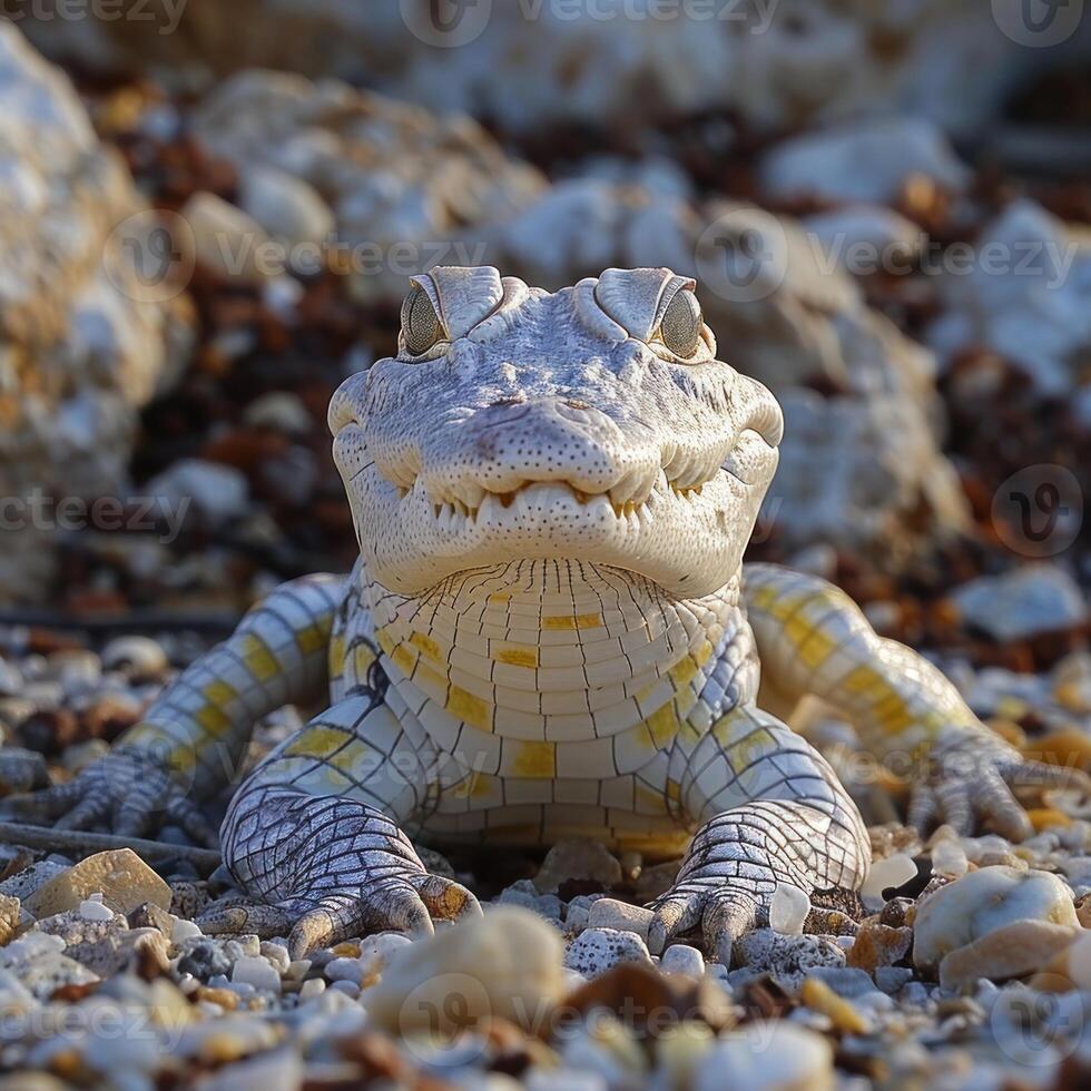 A young albino alligator basks in the golden hour light on a beach photo
