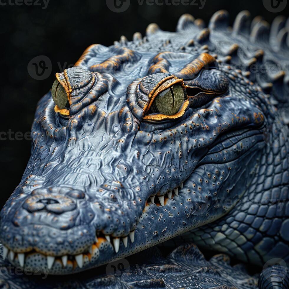 A crocodiles eye and jaw are in sharp focus in this close-up image photo