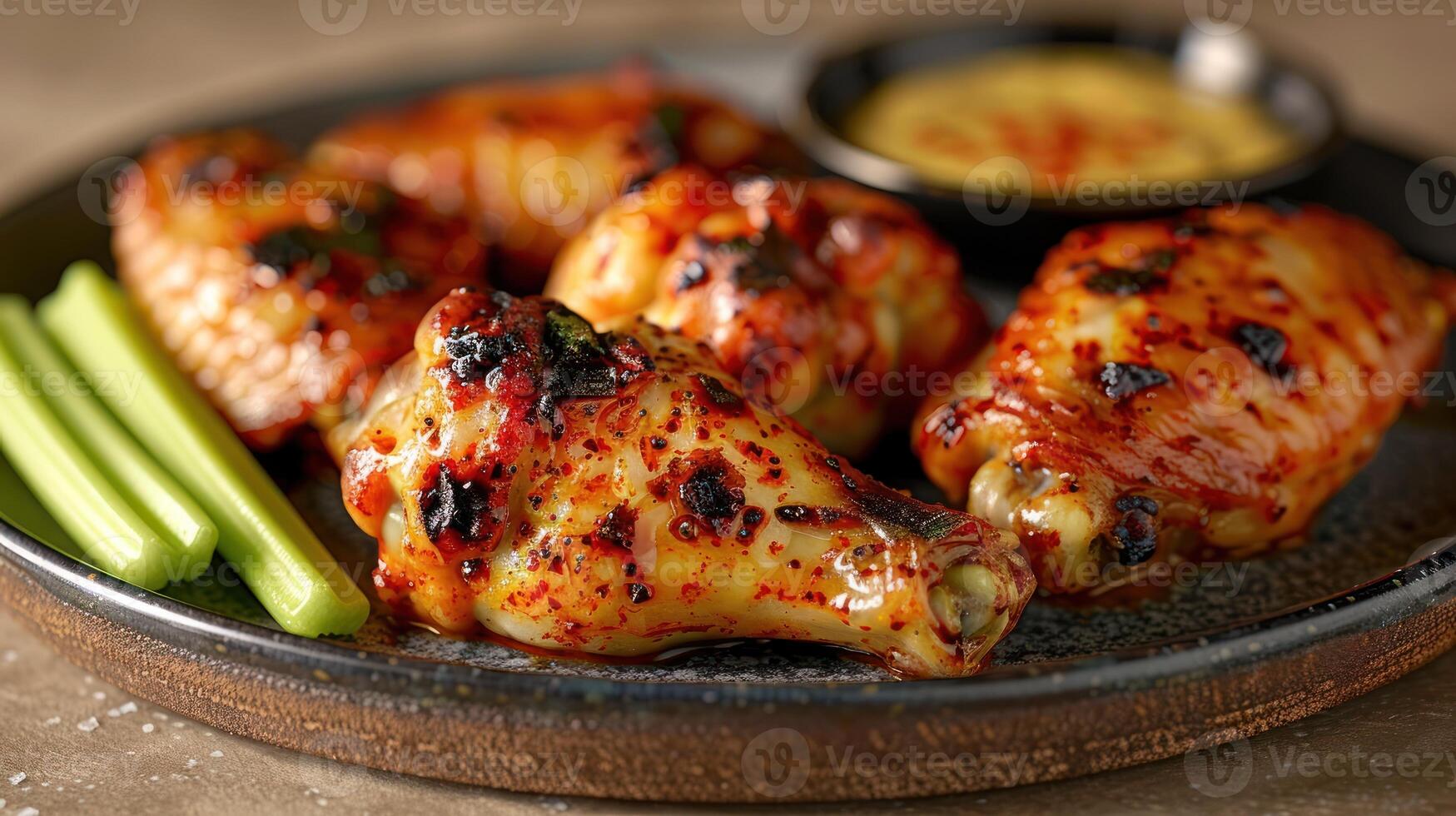 Close-up of chicken wings on a plate with celery and dipping sauce photo