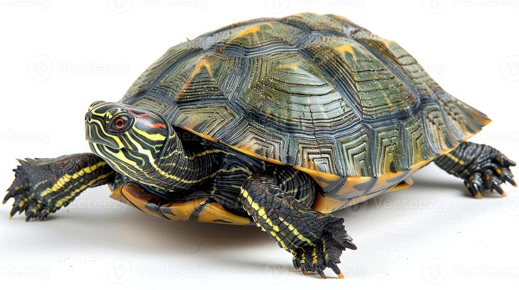 A red-eared slider turtle with a patterned shell photo