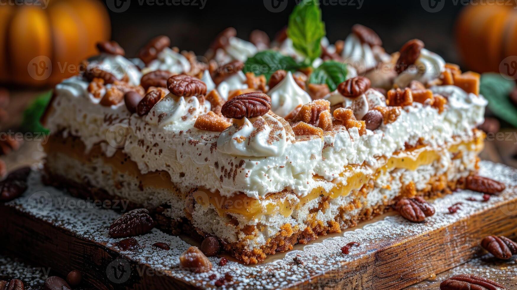 Delicious pumpkin spice dessert with pecan and whipped cream photo