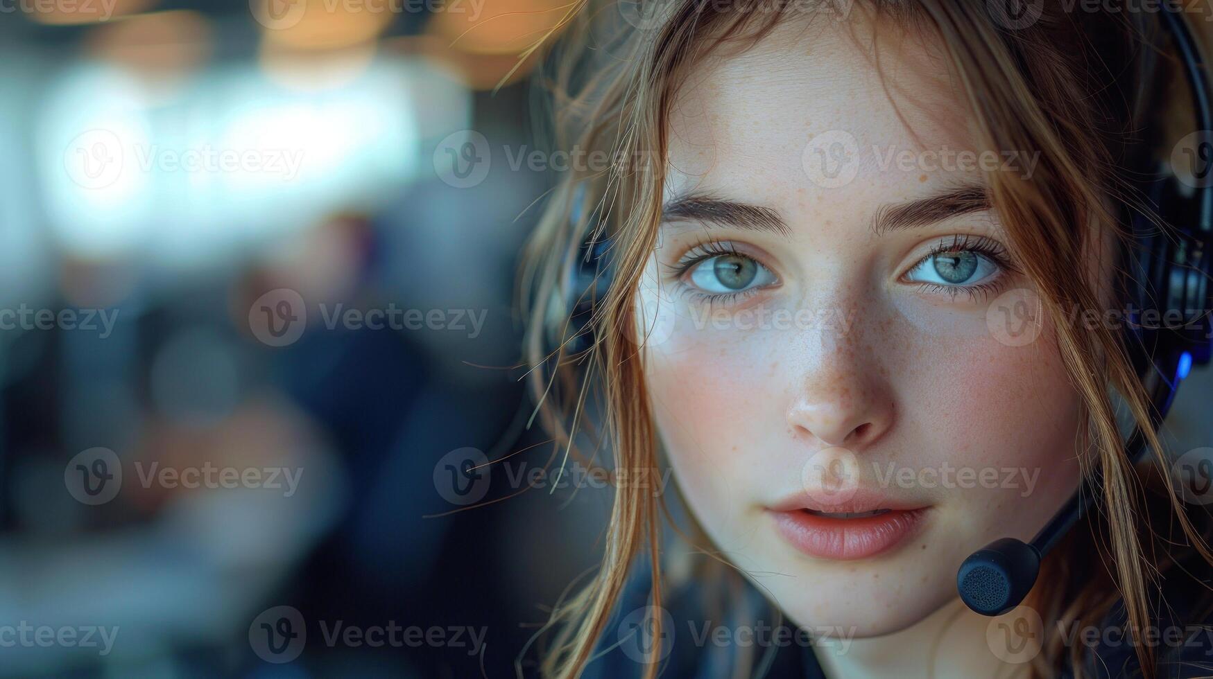 A young woman with blue eyes wears a headset photo