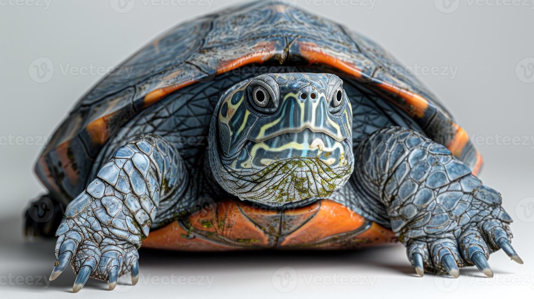 A painted turtle with its head and legs extended, showcasing its vibrant colors photo