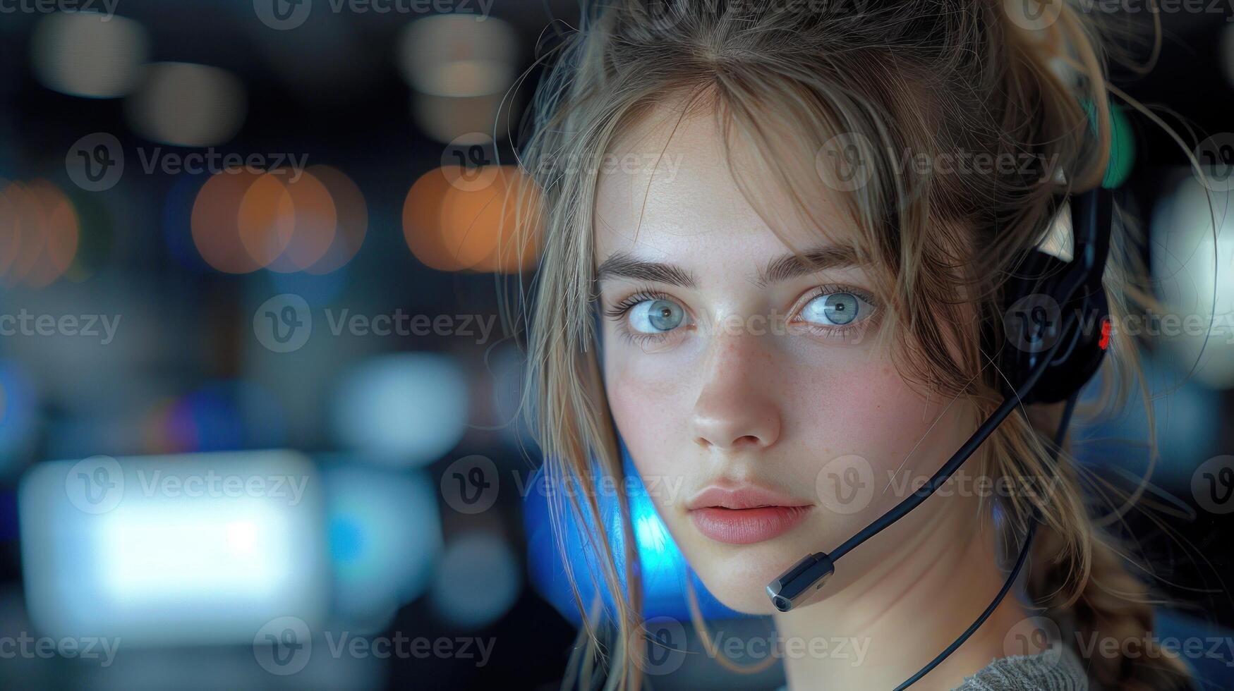 A close-up portrait of a woman wearing a headset, gazing at the camera photo