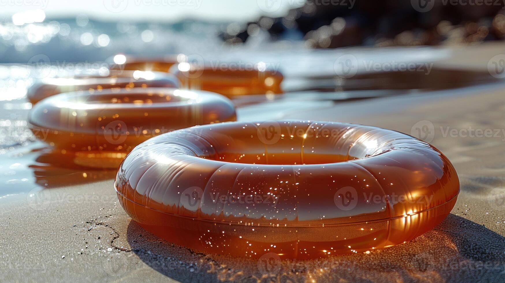 Inflatable rings on the beach at sunset photo