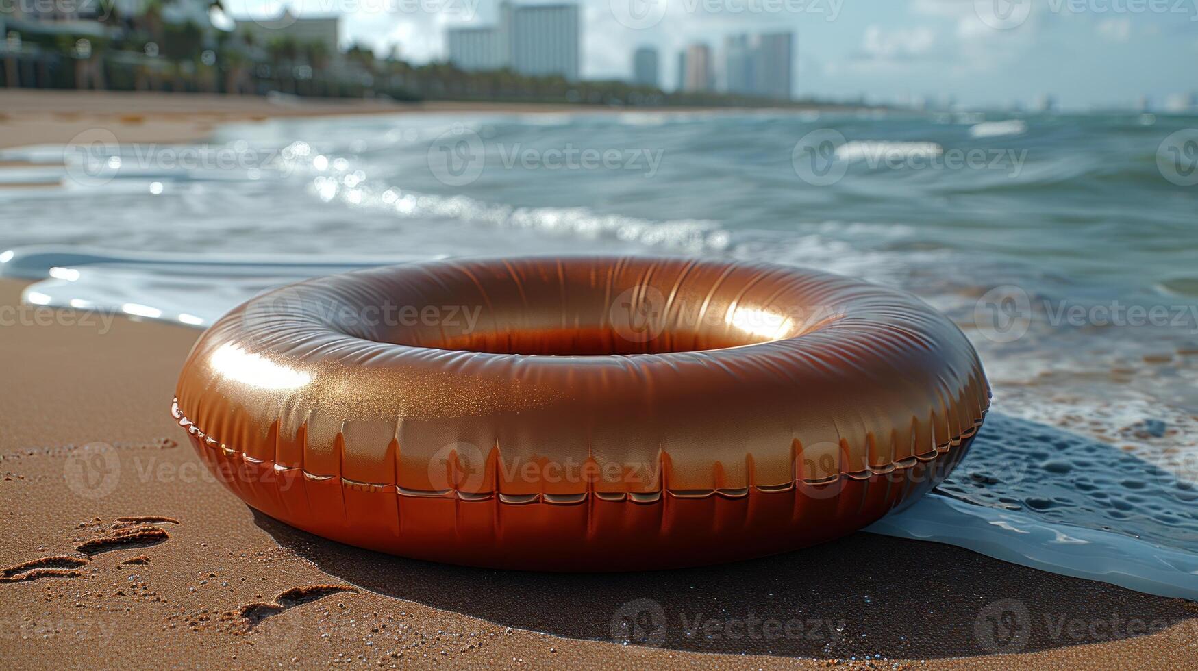 A copper-colored inflatable ring sits on a sandy beach, awaiting a swimmer photo