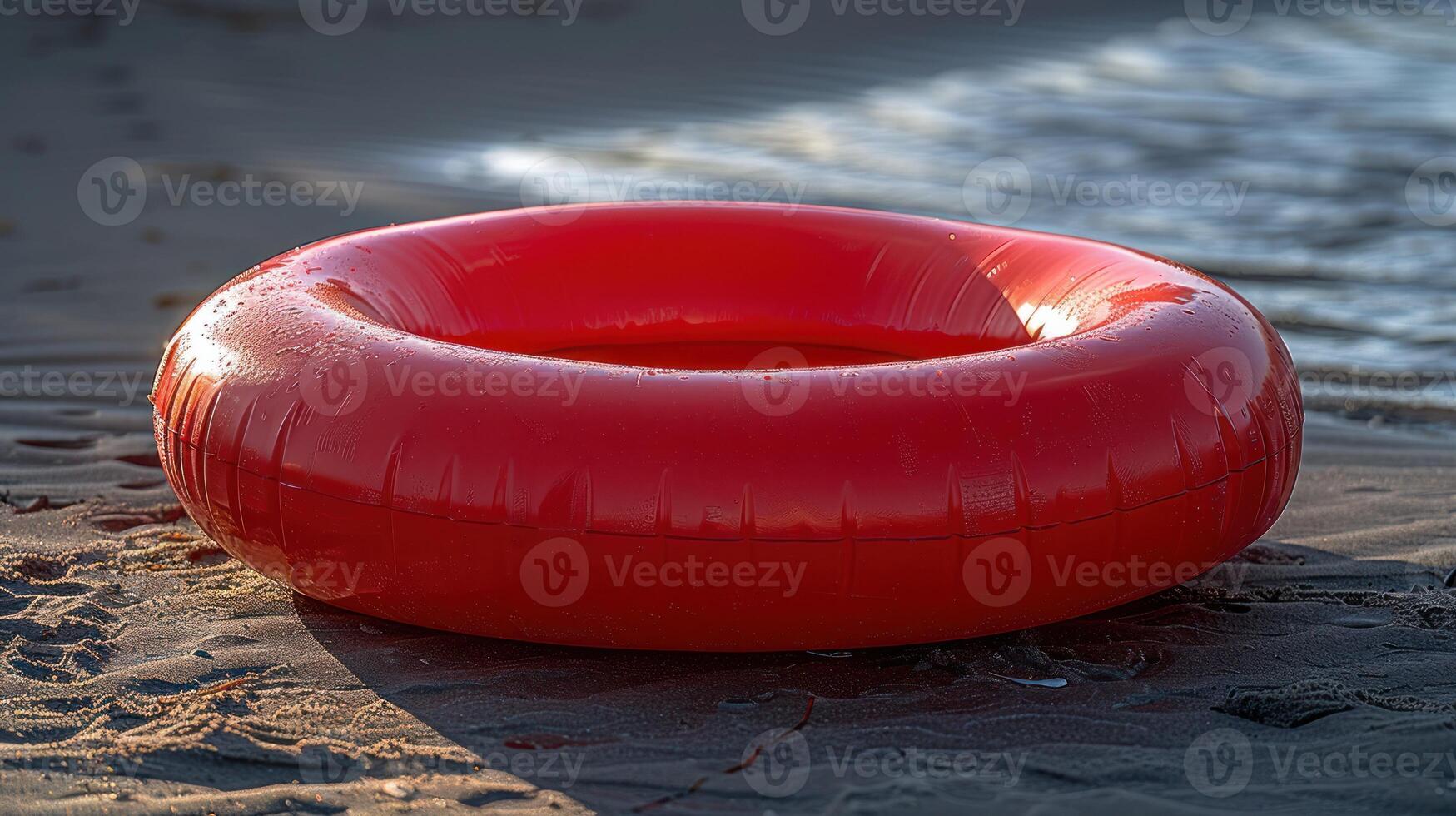 A red inflatable inner tube sits on a sandy beach, waiting for a swimmer photo