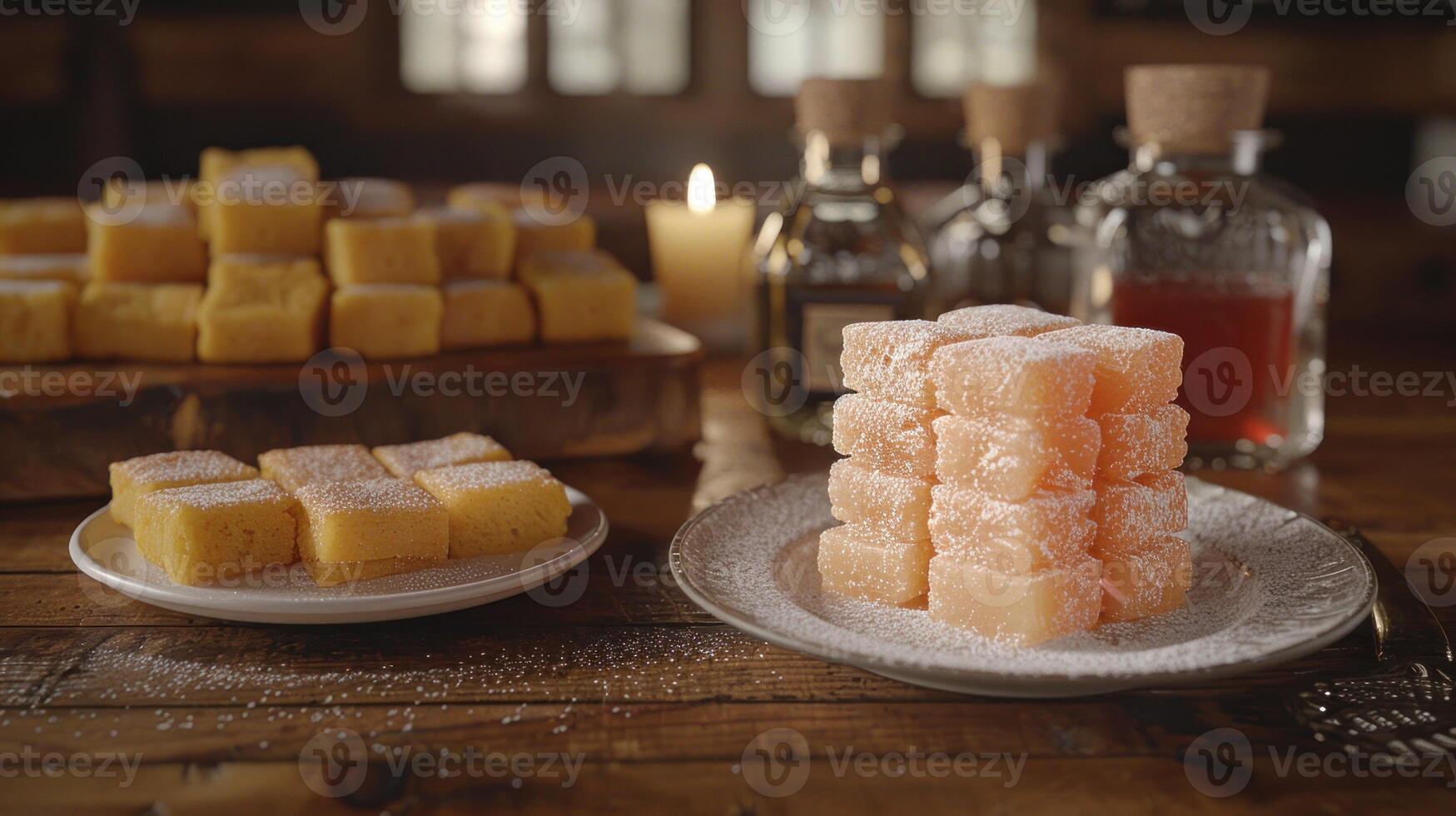 Close-up of Turkish delight and lemon squares on a wooden table photo