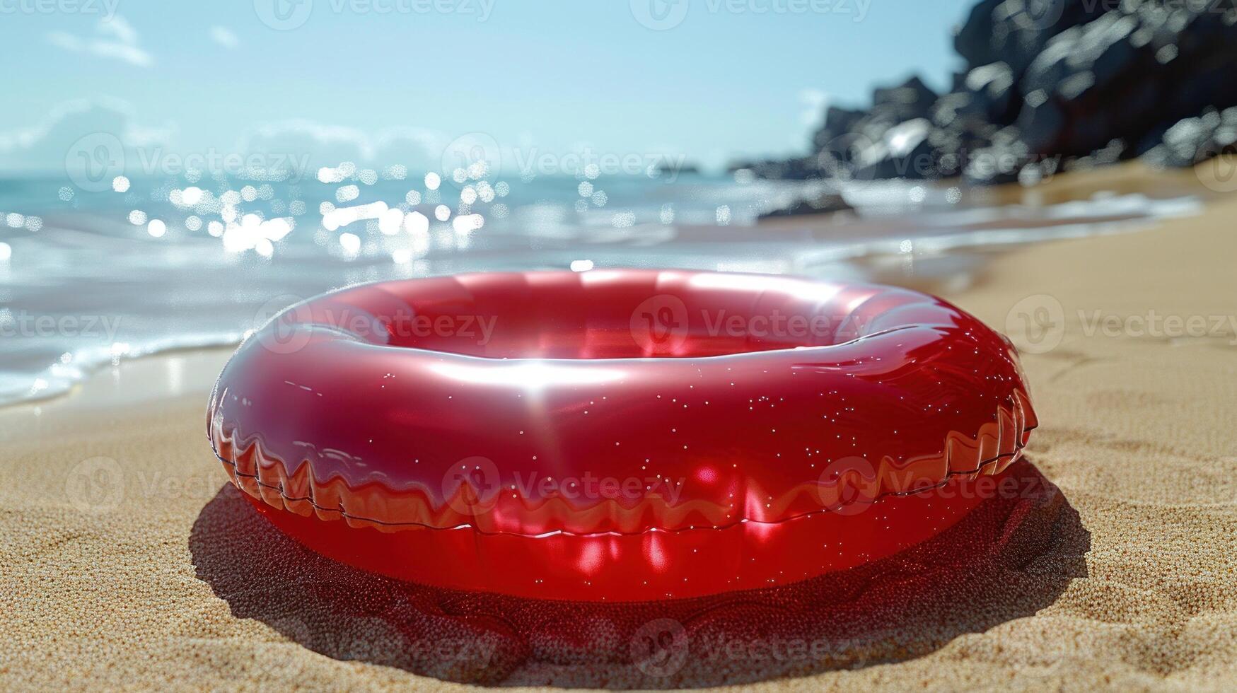 A red inflatable ring sits on a sandy beach, ready for a day of fun in the sun photo