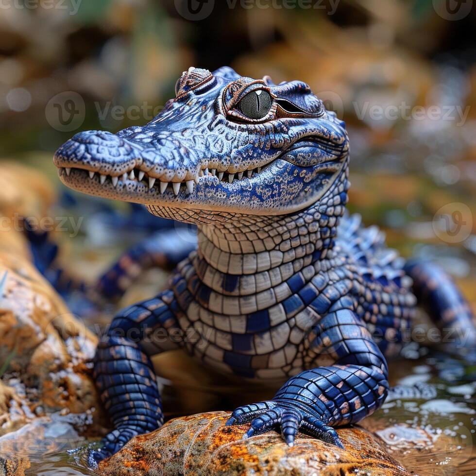 A close-up shot of a small alligator resting on a rock photo