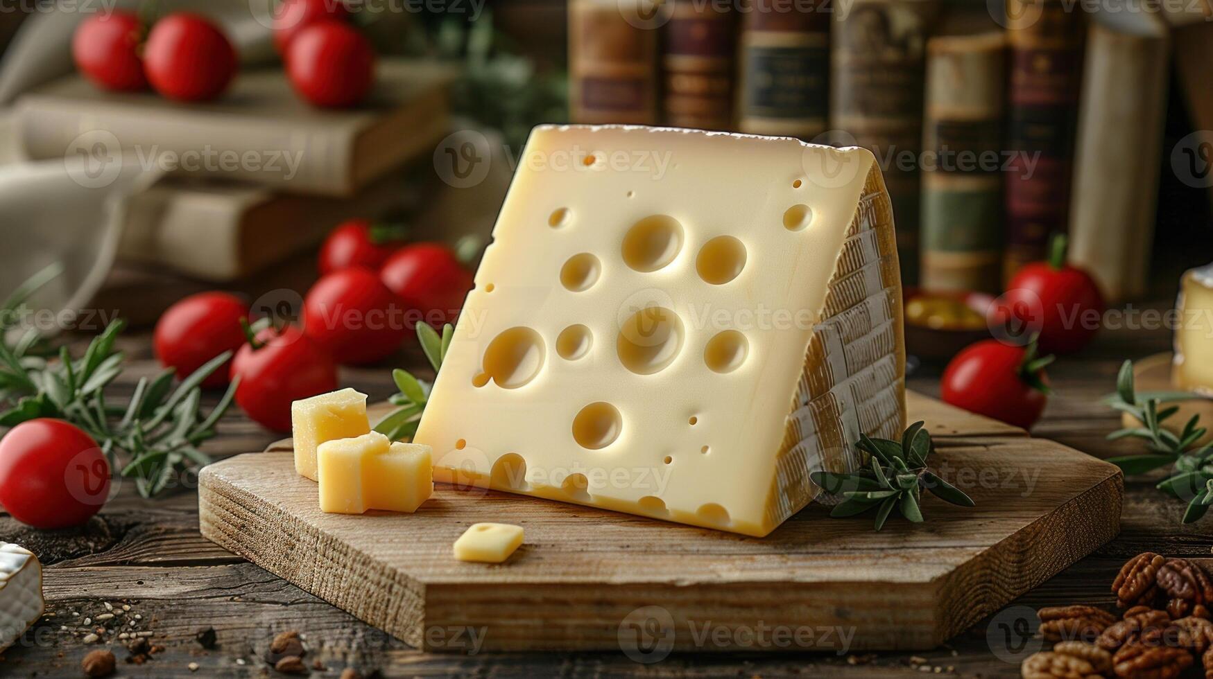 A wedge of Swiss cheese sits on a wooden board with tomatoes and pecans photo
