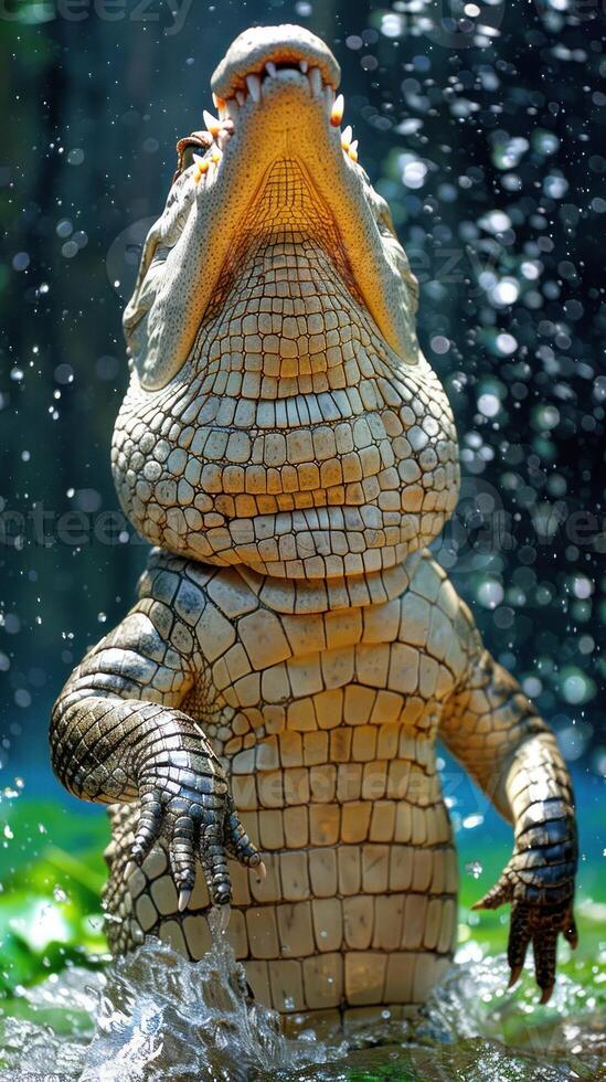 A crocodile rises from the water with its mouth open wide photo
