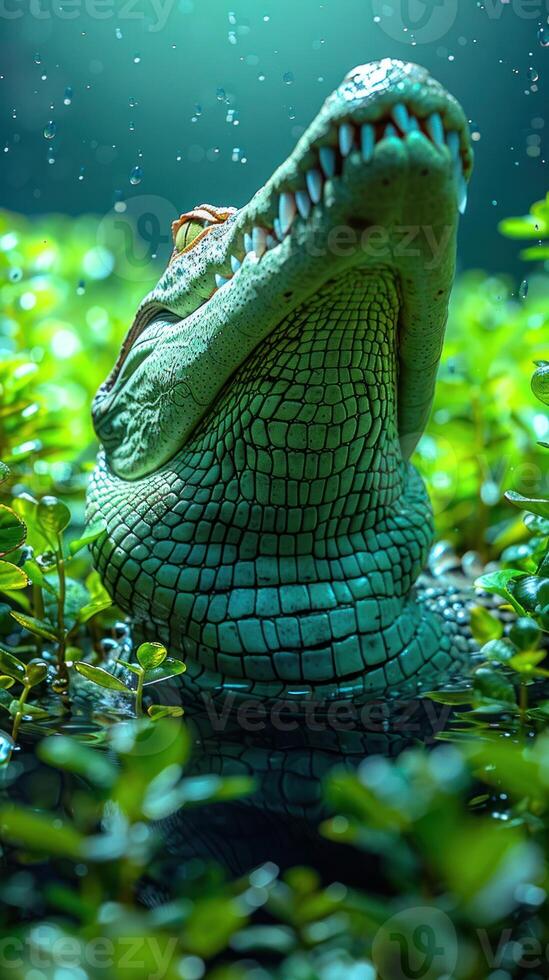 A close-up view of an alligators head, partially submerged in a murky swamp photo