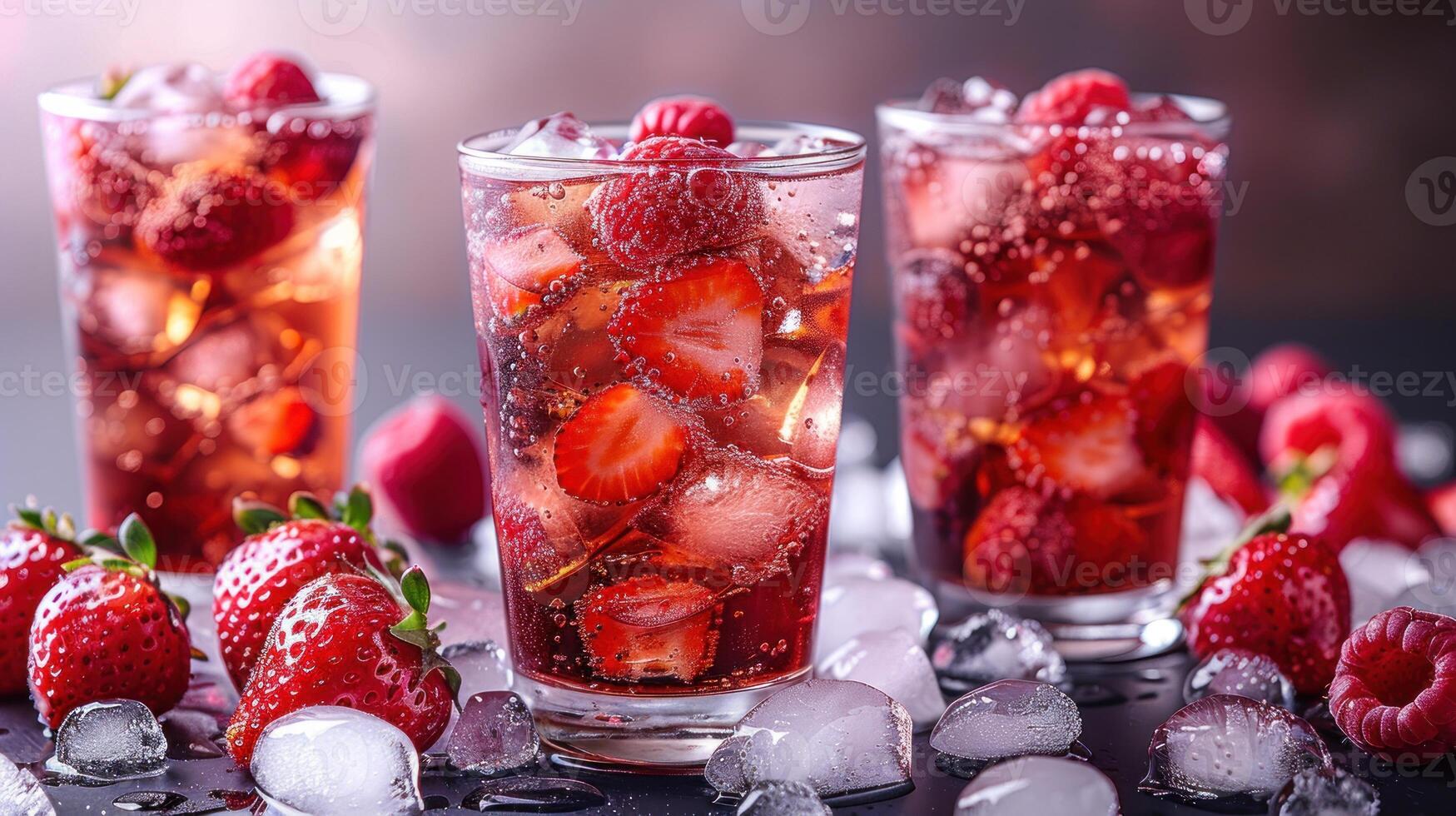 A close-up of three glasses of sparkling strawberry and raspberry cocktails on ice photo