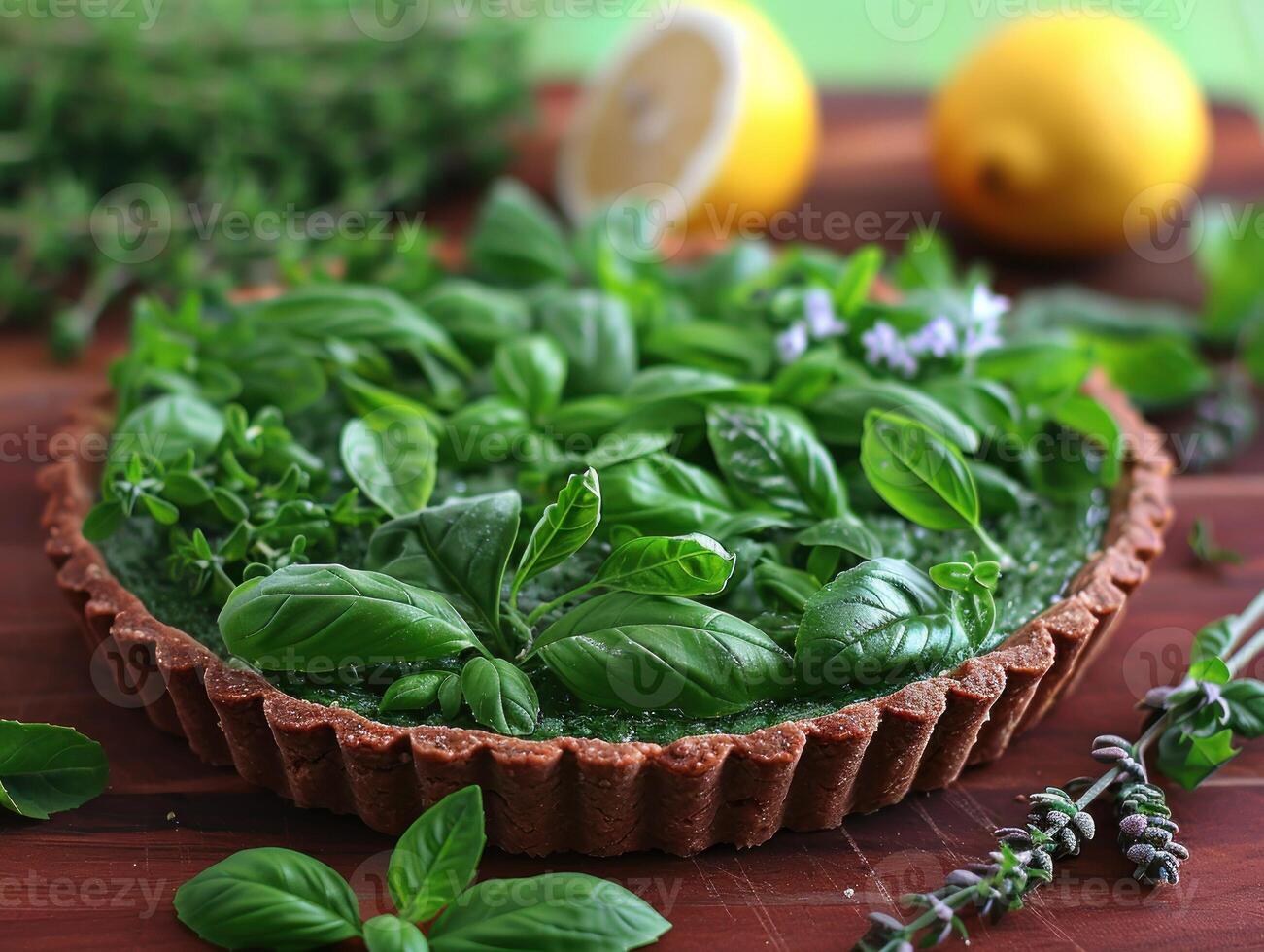 Delicious herb tart with basil, thyme, and fresh herbs, lemons in background photo