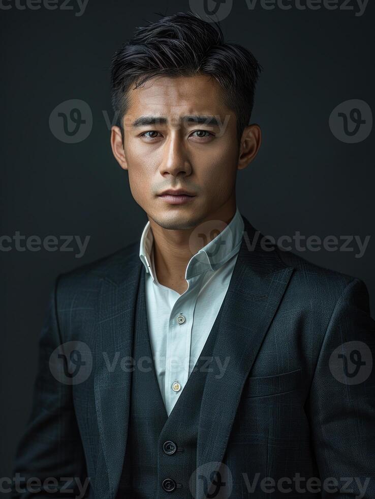 A portrait of a man in a suit, looking intensely at the camera photo