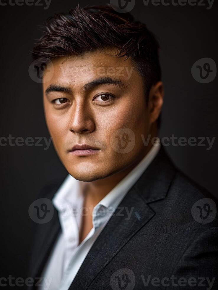 A close-up portrait of a man wearing a black suit and a white shirt photo