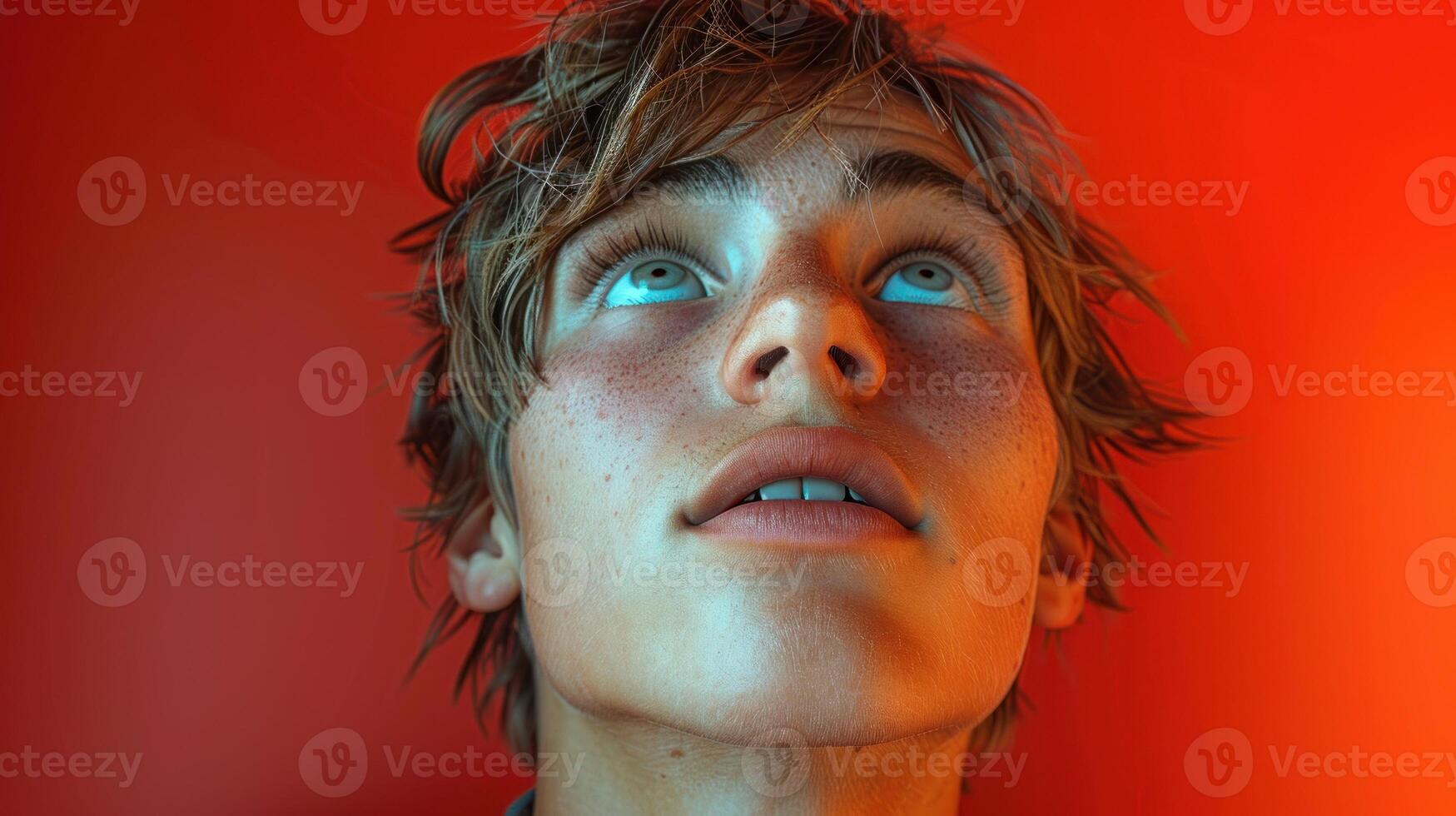 A young man stares up, his blue eyes filled with wonder photo