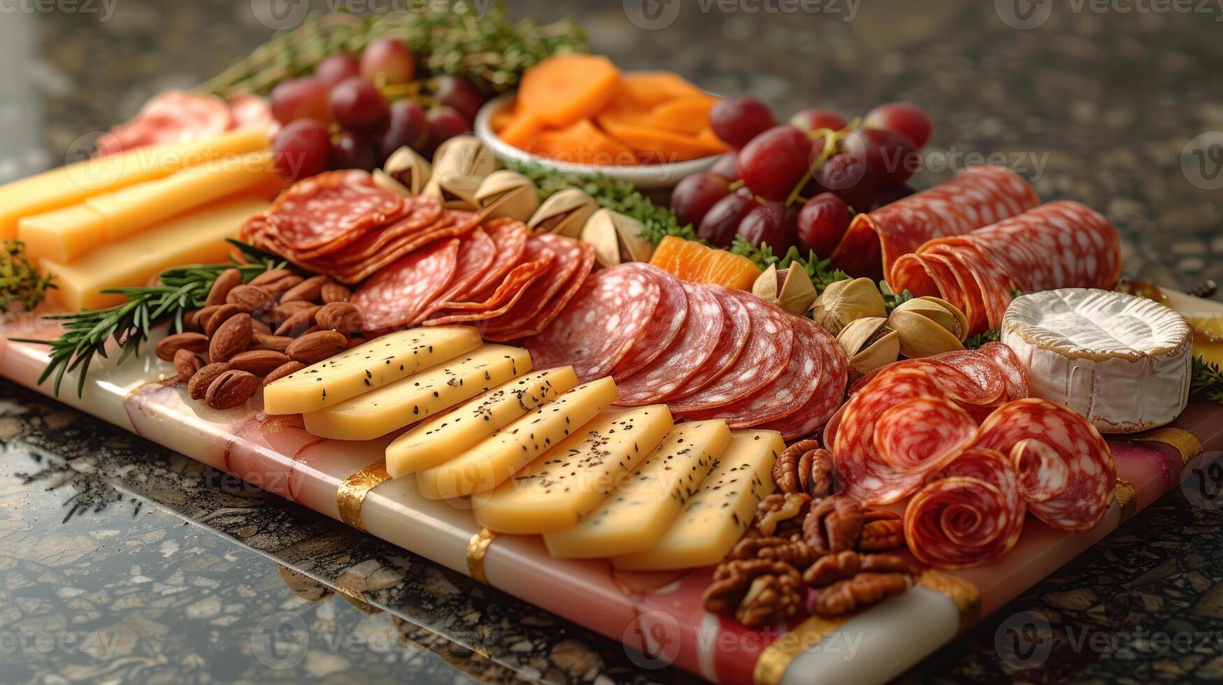 A delicious spread of cured meats, cheeses, and nuts on a marble platter photo