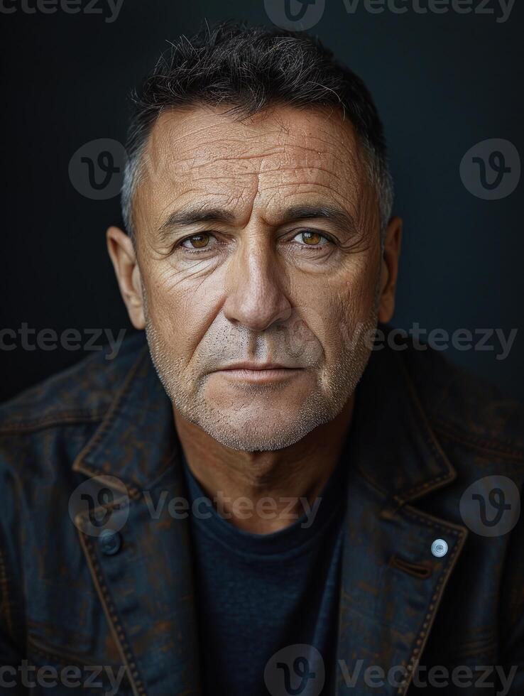 A close-up portrait of a man with a weathered face photo