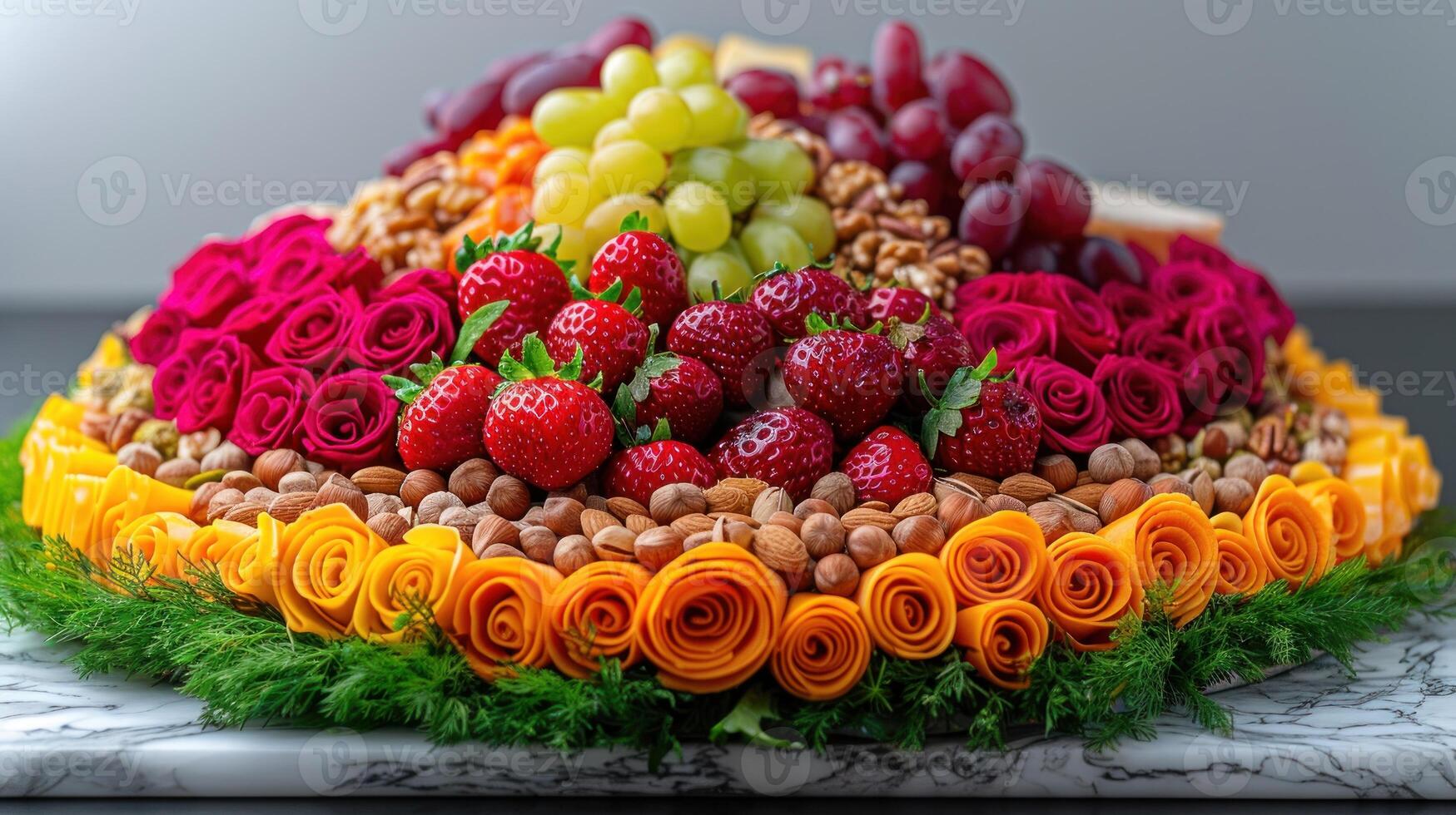 Close-up of a beautifully arranged platter featuring fresh fruit, nuts, and roses photo