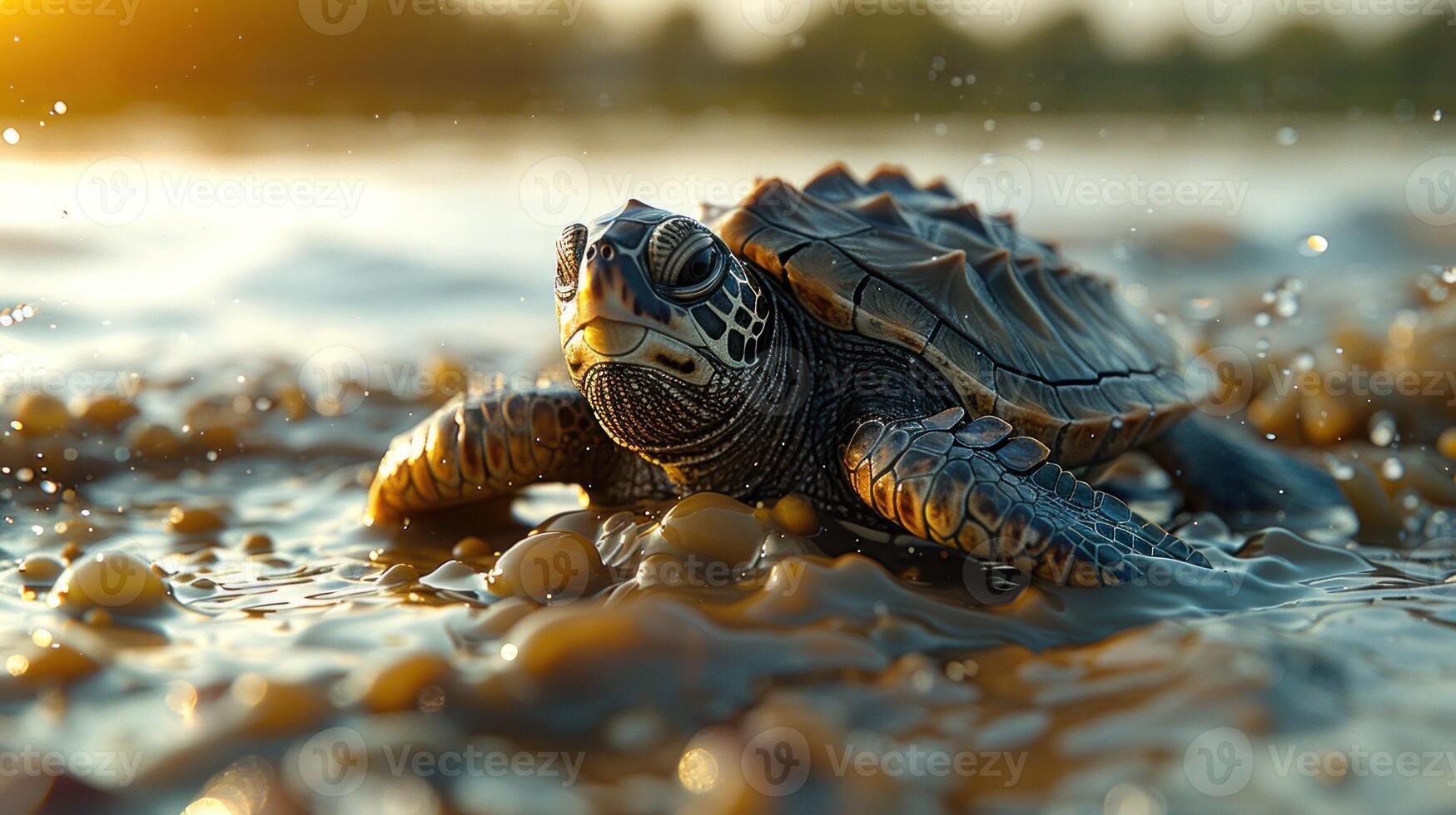 A sea turtle makes its way through the shallows during the golden hour photo