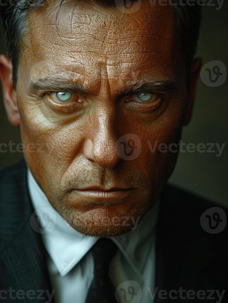 A close-up portrait of a man with intense blue eyes photo