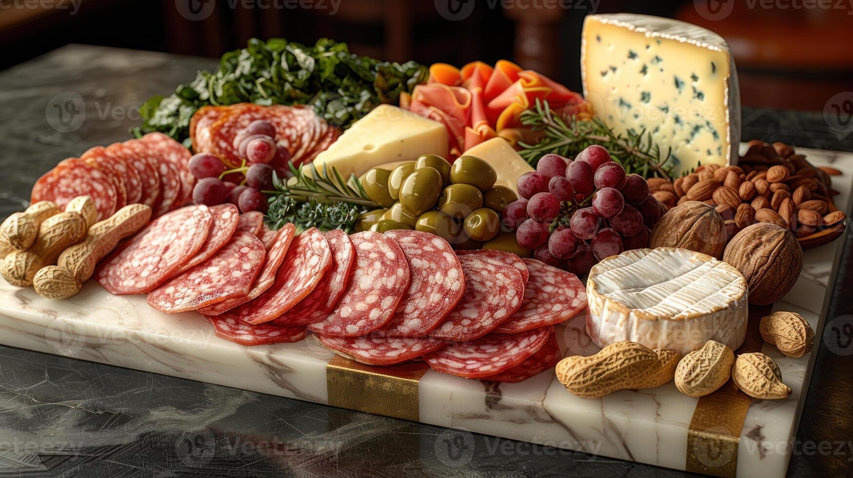 An assortment of salami, cheese, grapes, and nuts on a marble platter photo