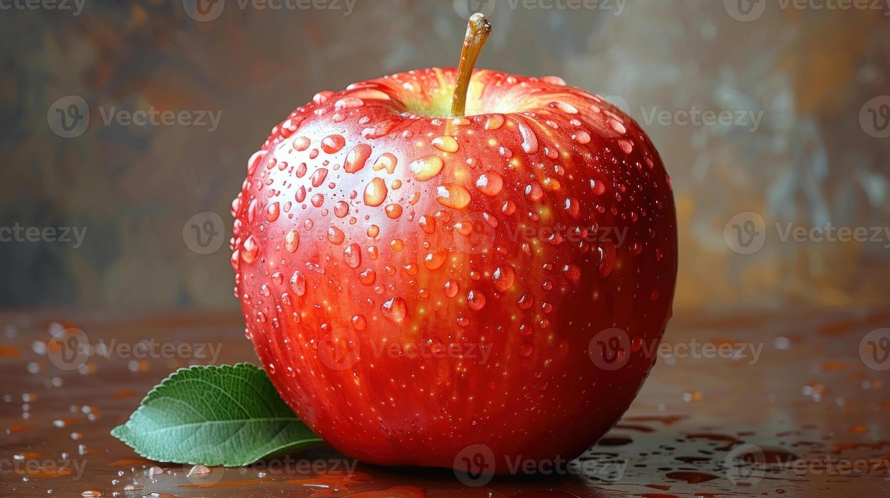 A single red apple, glistening with dewdrops, rests on a wooden surface photo
