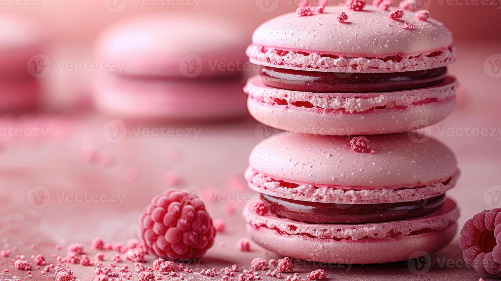 Two pink macarons stacked with raspberry filling photo