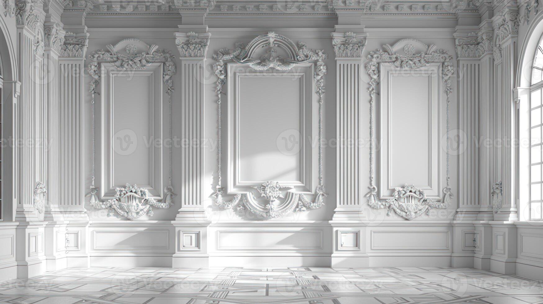 A white room with intricate moldings and a window photo