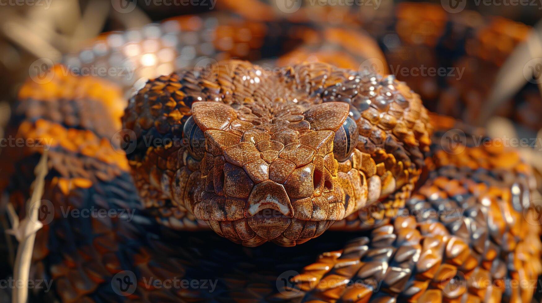 A copperhead snake stares directly at the camera with its intense gaze photo