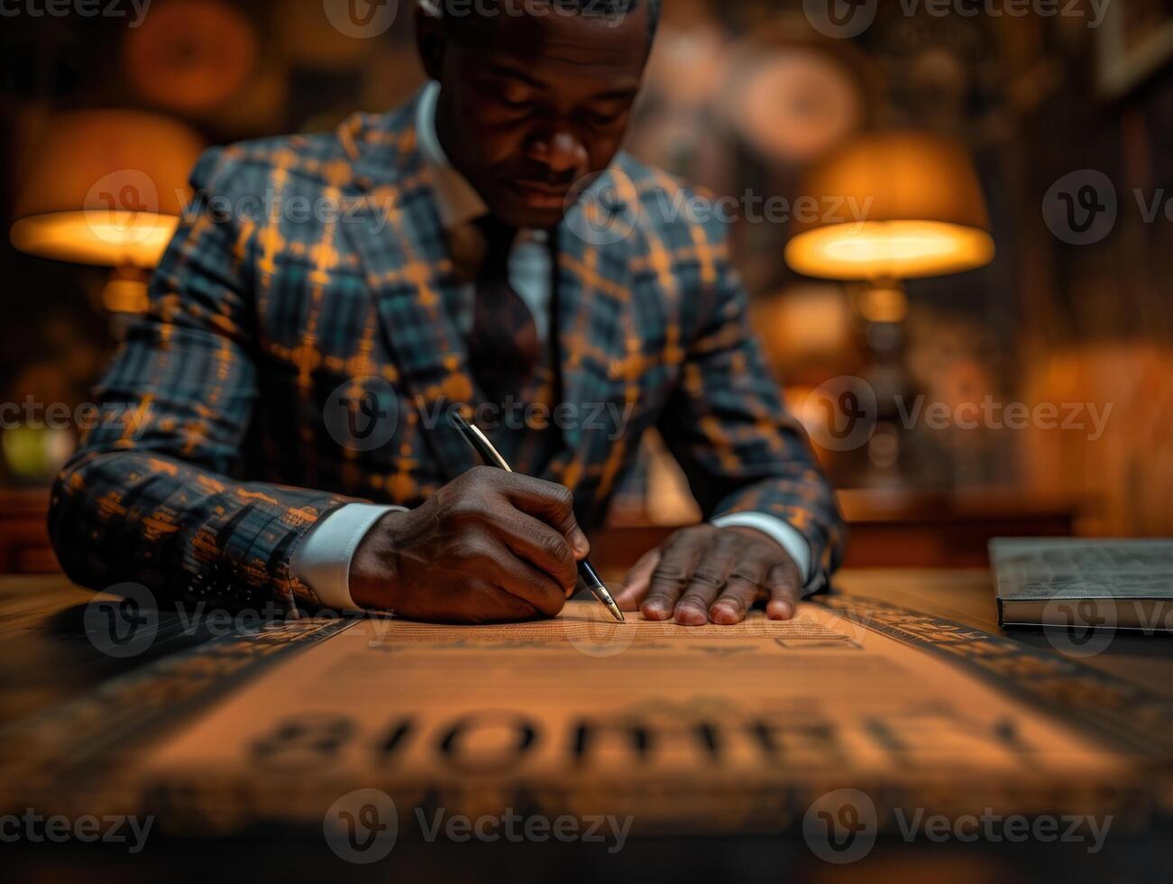 A man in a plaid suit writes on a parchment scroll photo