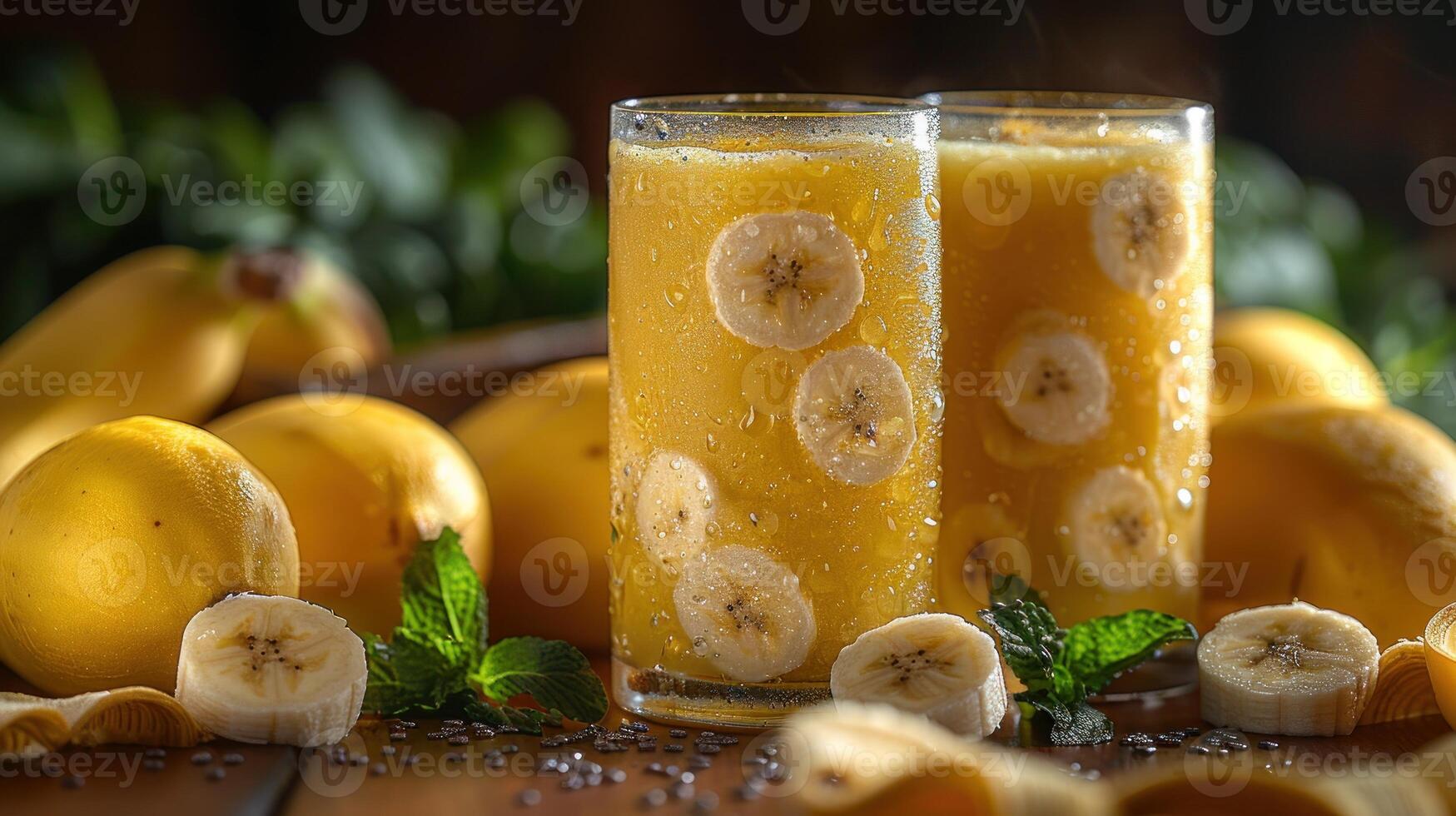 Two glasses of yellow banana smoothie with fresh mint garnish photo