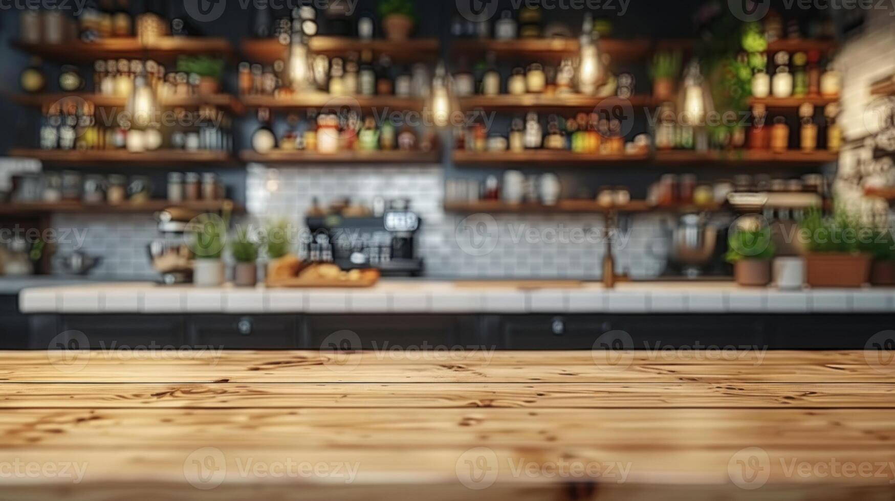 A close-up of a rustic wooden countertop in front of a blurred bar setting photo