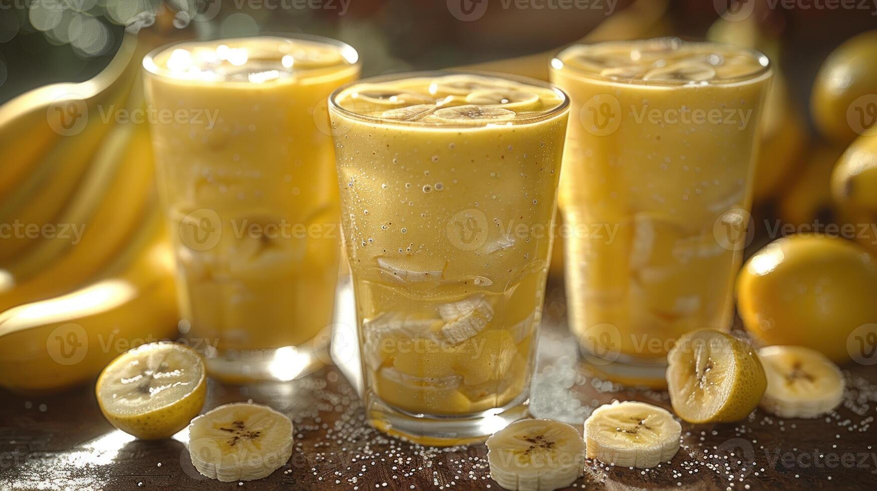 Three glasses of banana smoothies on a wooden table photo