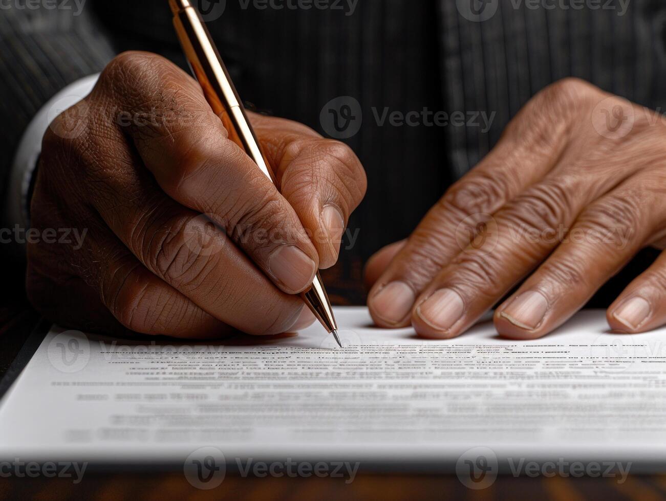 Closeup of a hand signing a document with a golden pen photo