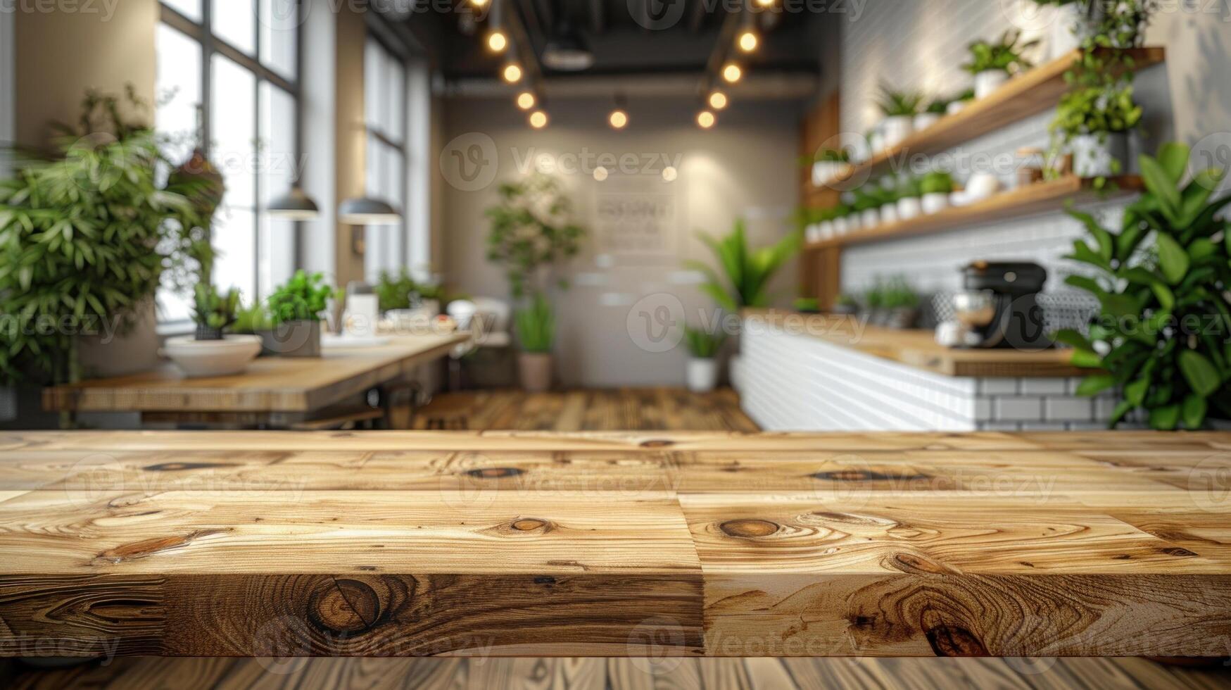A rustic wooden tabletop with a blurred background of a modern cafe interior photo