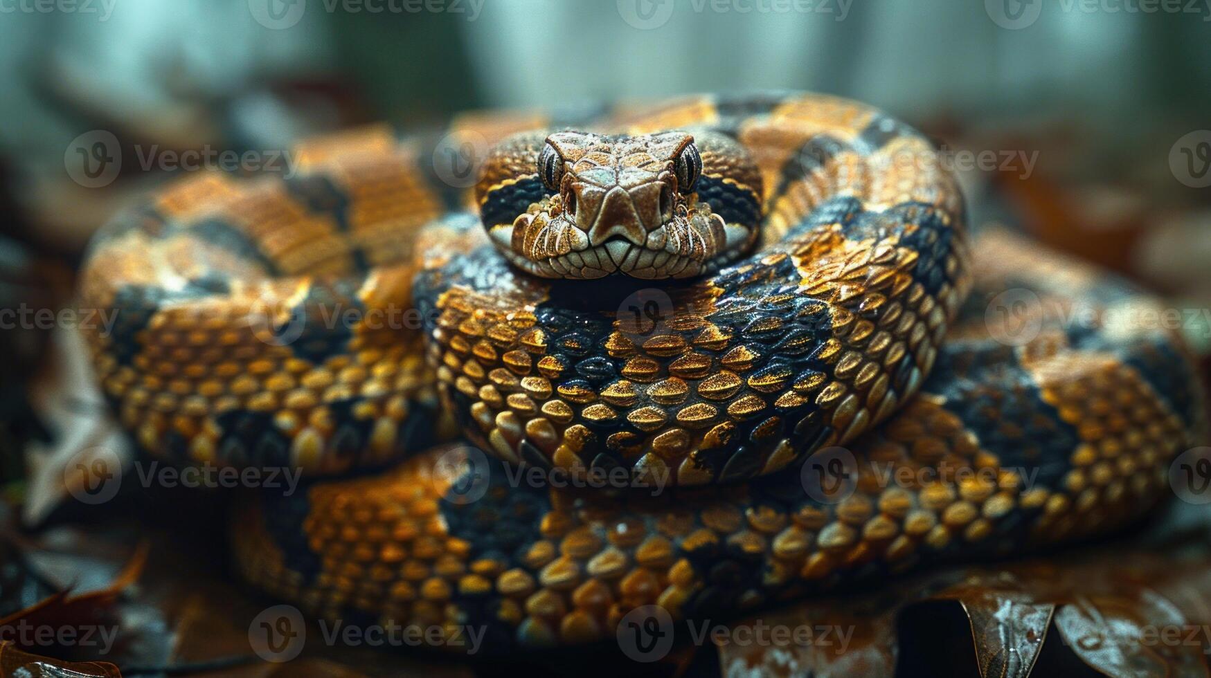 A close-up of a snakes face, coiled on the forest floor photo