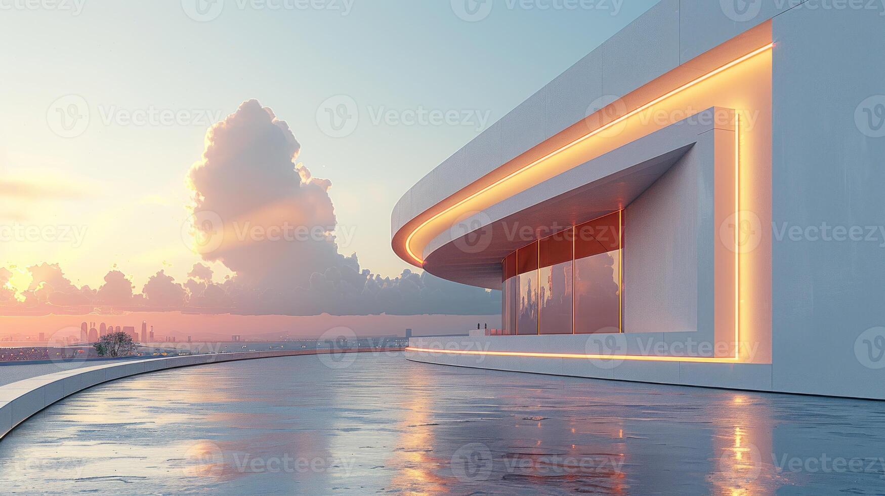A sleek, white building illuminated by warm lights at sunset photo